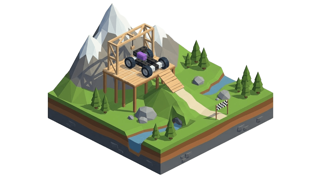 An Evergear level: a small buggy built from black beams and a purple motor waits on a wooden platform above a ramp, with a finish flag down the hill.